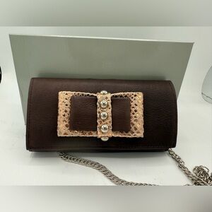 Clutch Bag with Gold Chain, all leather. Brown w/Rose Gold Bow